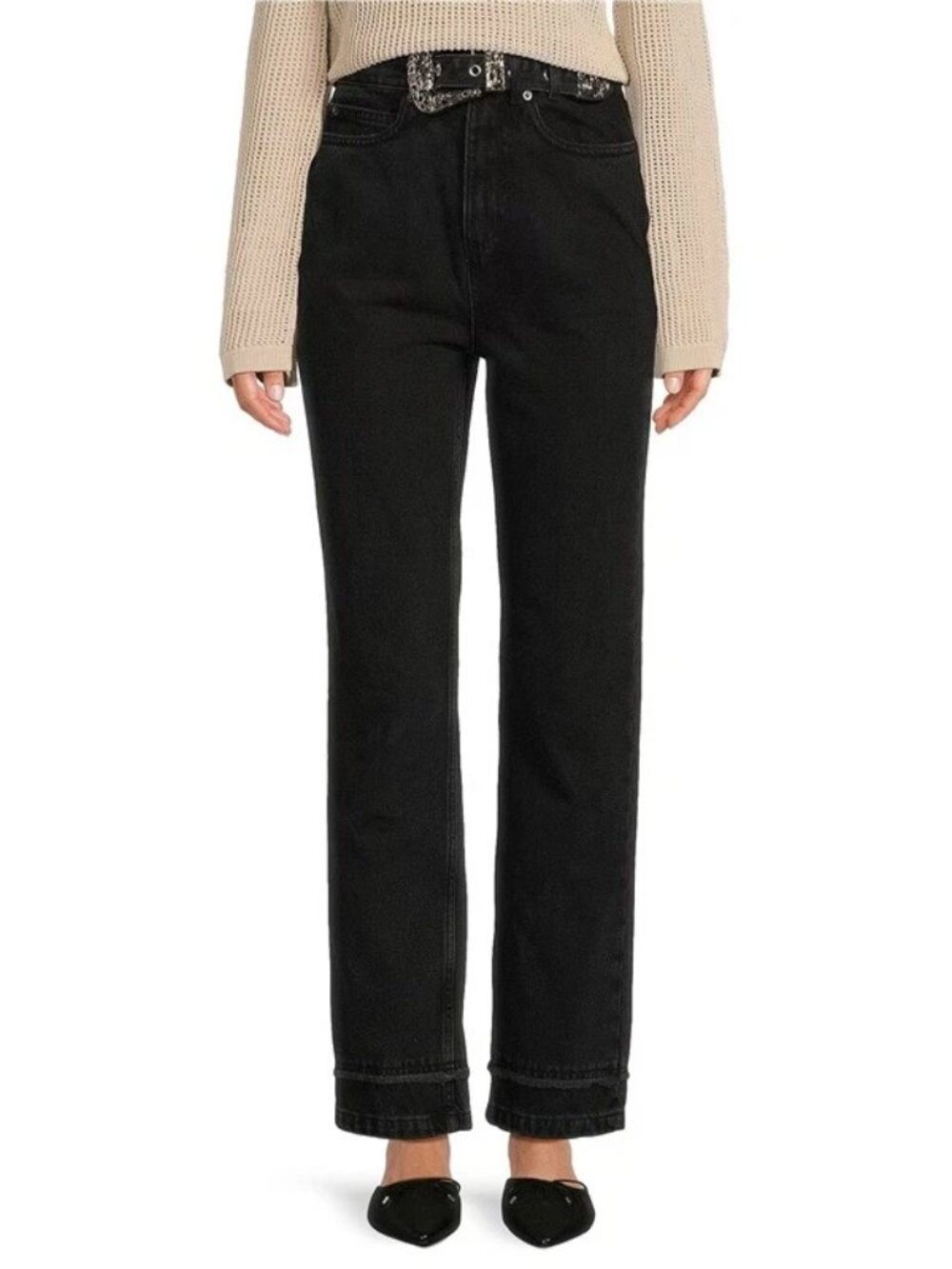 Le AL.X Western Belt Jean Straight Leg High Rise Womens 26 Faded Black NWT
